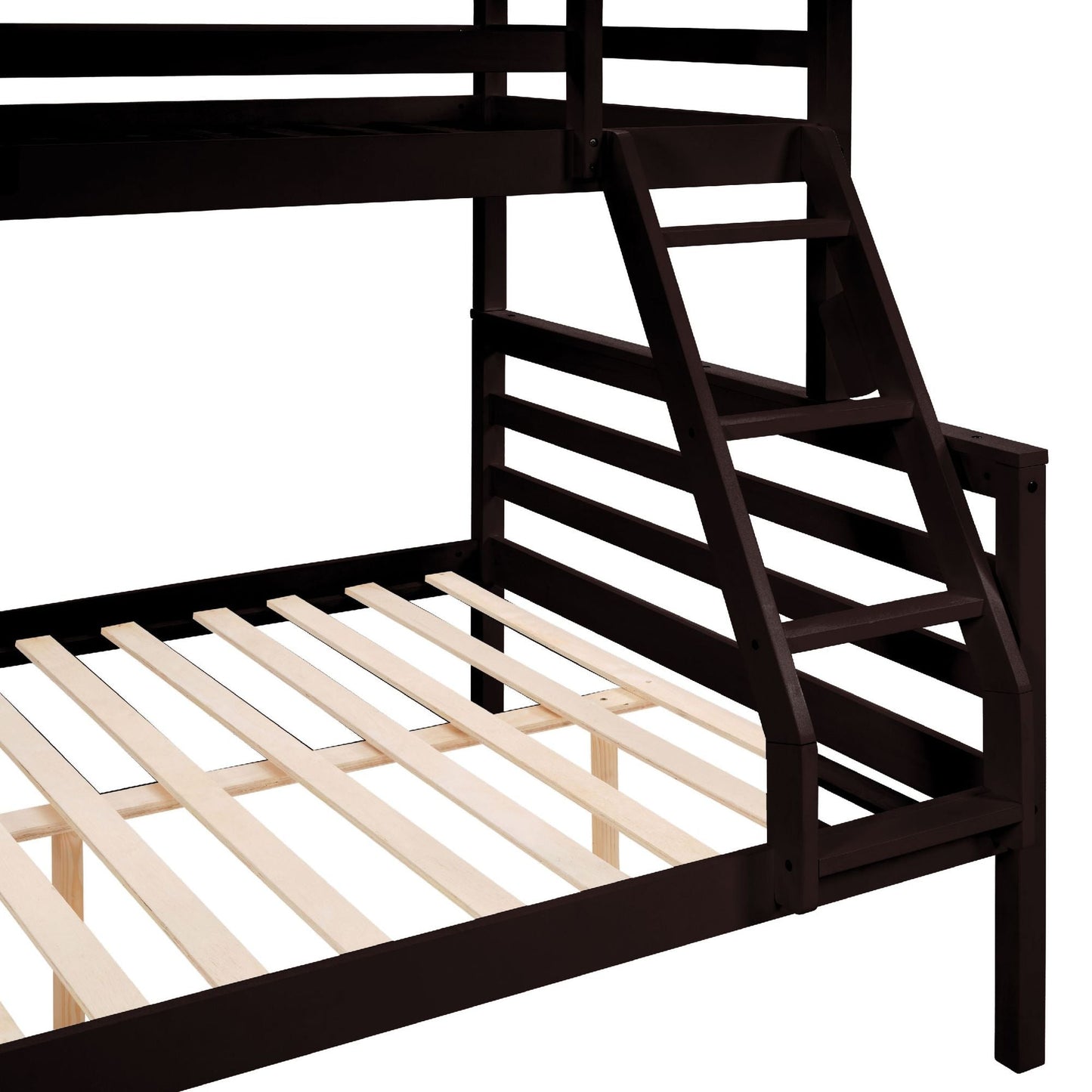 Dorm Room Twin Over Full Wood Bunk Bed with Ladder and Guardrail, Espresso | Just Better Bunk Beds