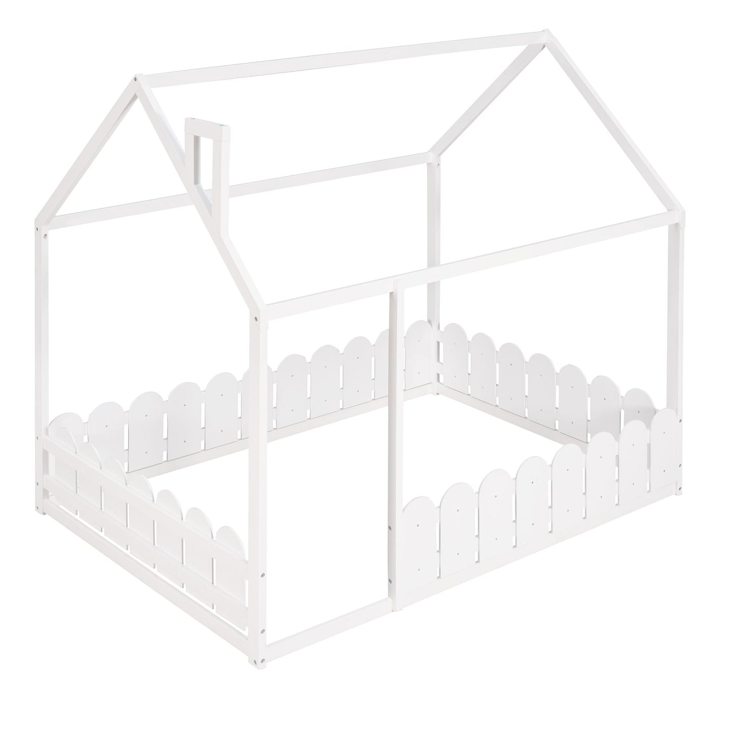 Kids Bedroom Full Wood Bed Frame with Protective Fence, White | Just Better Bunk Beds