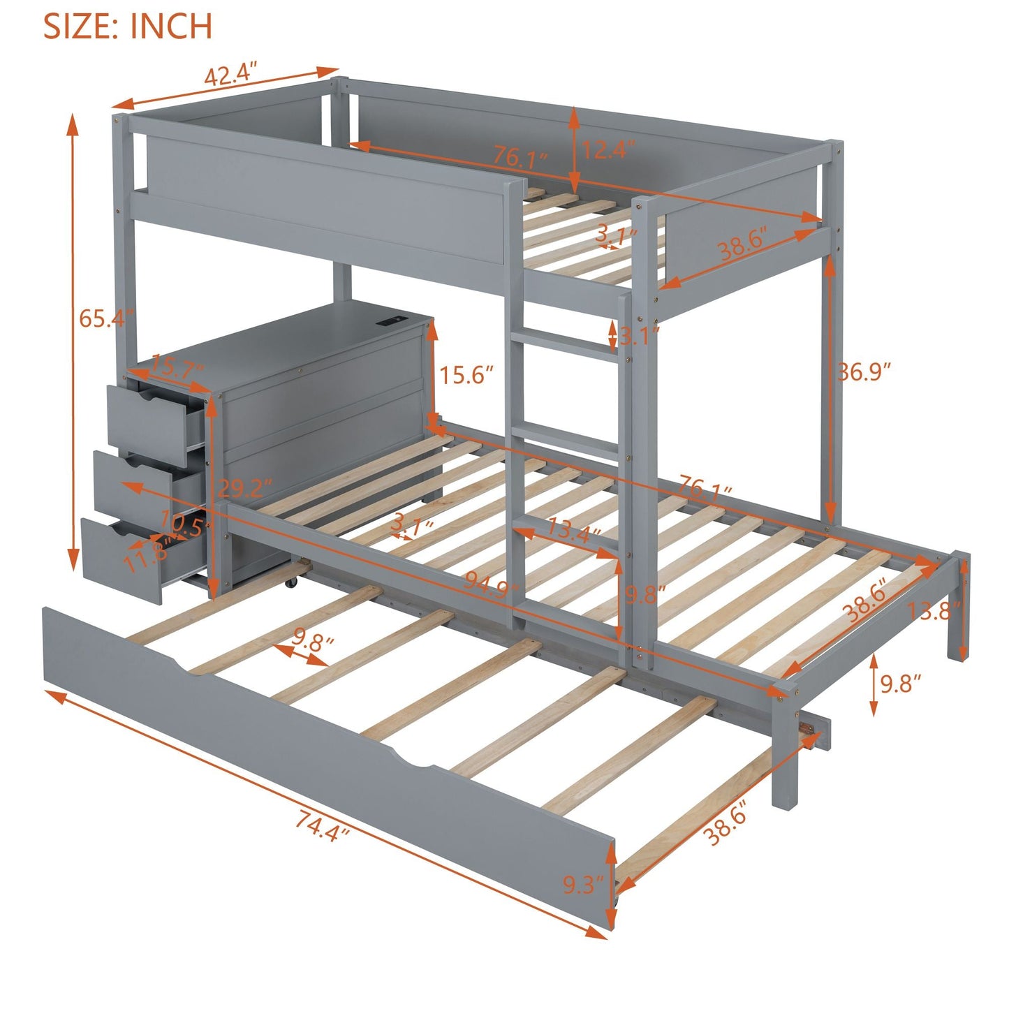 Space-Saving Twin Over Twin Wood Bunk Bed with Twin Trundle, Storage, Desk, Gray | Just Better Bunk Beds