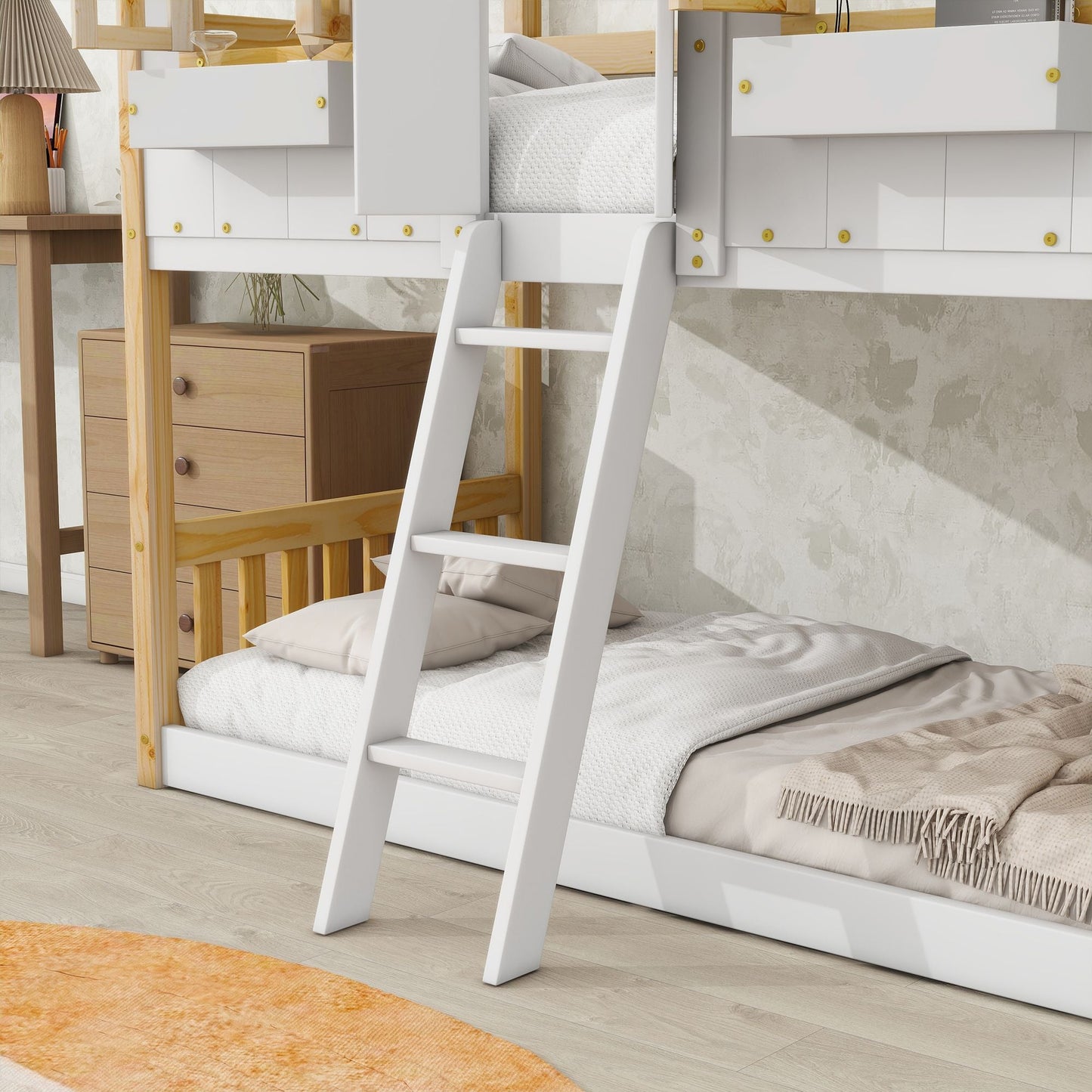 House-Style Twin Over Twin Wood Bunk Bed with Roof, Window, Door, and Ladder, Multiple Colors | Just Better Bunk Beds