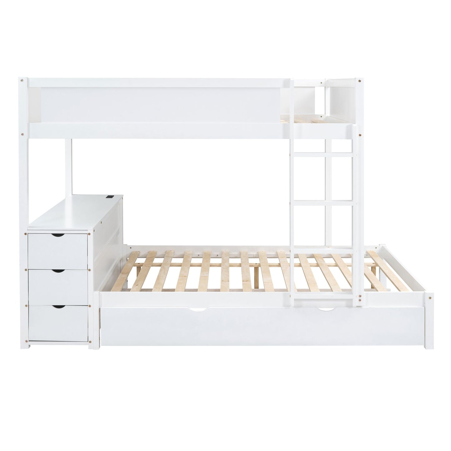 Multi-Functional Full Over Full Wood Bunk Bed with Twin Trundle, Storage, Desk, White | Just Better Bunk Beds