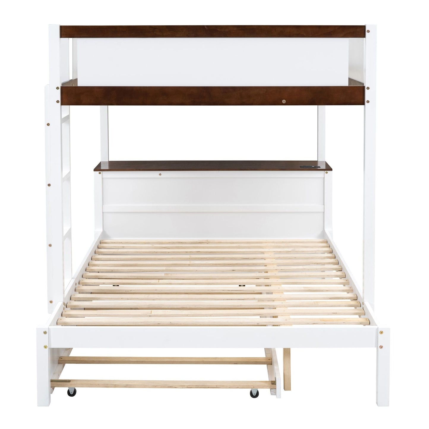 Shared Room Solution Full Over Full Wood Bunk Bed with Twin Trundle, Storage, Desk, White Walnut | Just Better Bunk Beds