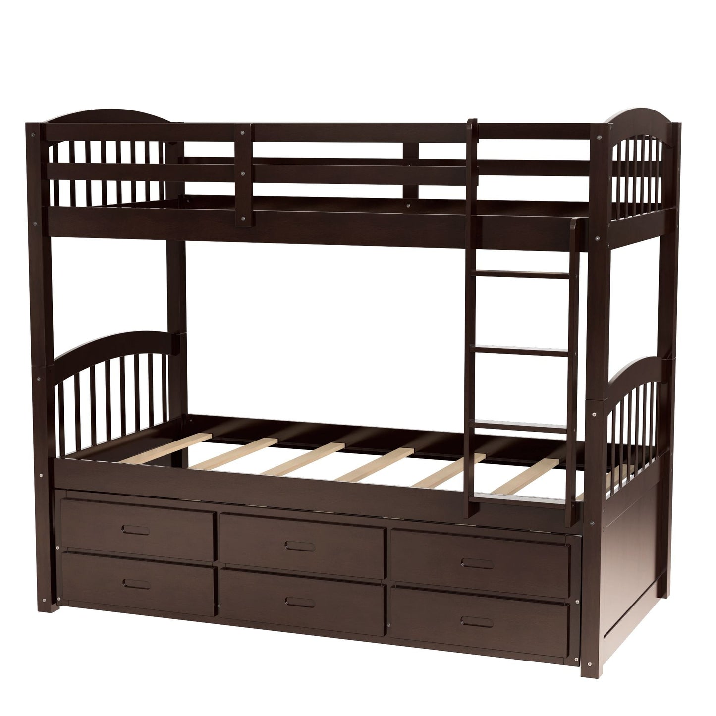 Space-Saving Twin Over Twin Wood Bunk Bed with Trundle and Drawers, White | Just Better Bunk Beds