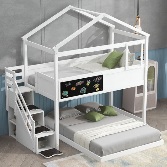 House-Style Twin Over Full Wood Bunk Bed with Storage Staircase, Blackboard, White | Just Better Bunk Beds