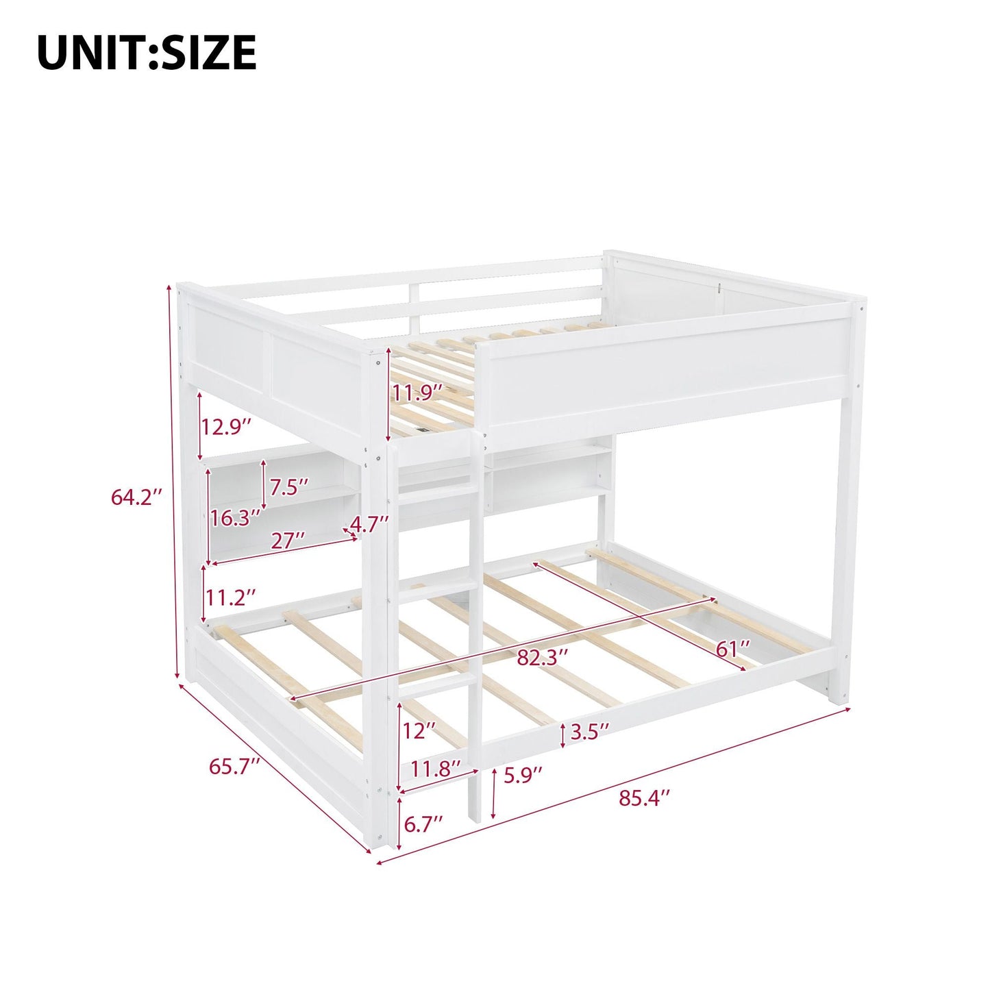 Shared Room Solution Queen Over Queen Wood Bunk Bed with Storage and USB Ports, White | Just Better Bunk Beds