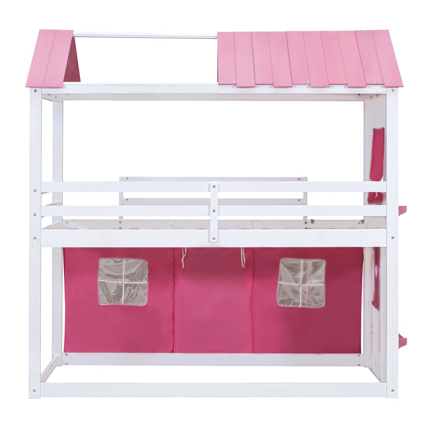 Kids Bedroom Twin Wood House-Style Bunk Bed with Elegant Windows, Sills and Tent, Pink and White | Just Better Bunk Beds