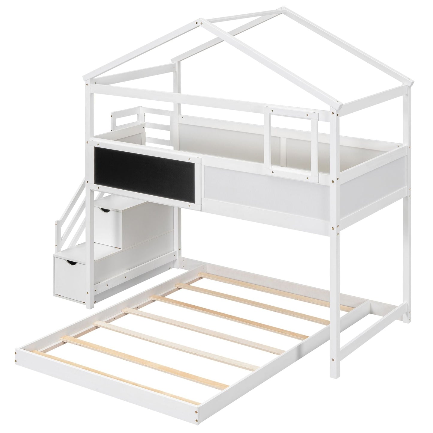 Staircase Storage Twin Over Full Wood House Bunk Bed with Blackboard, Gray and White | Just Better Bunk Beds