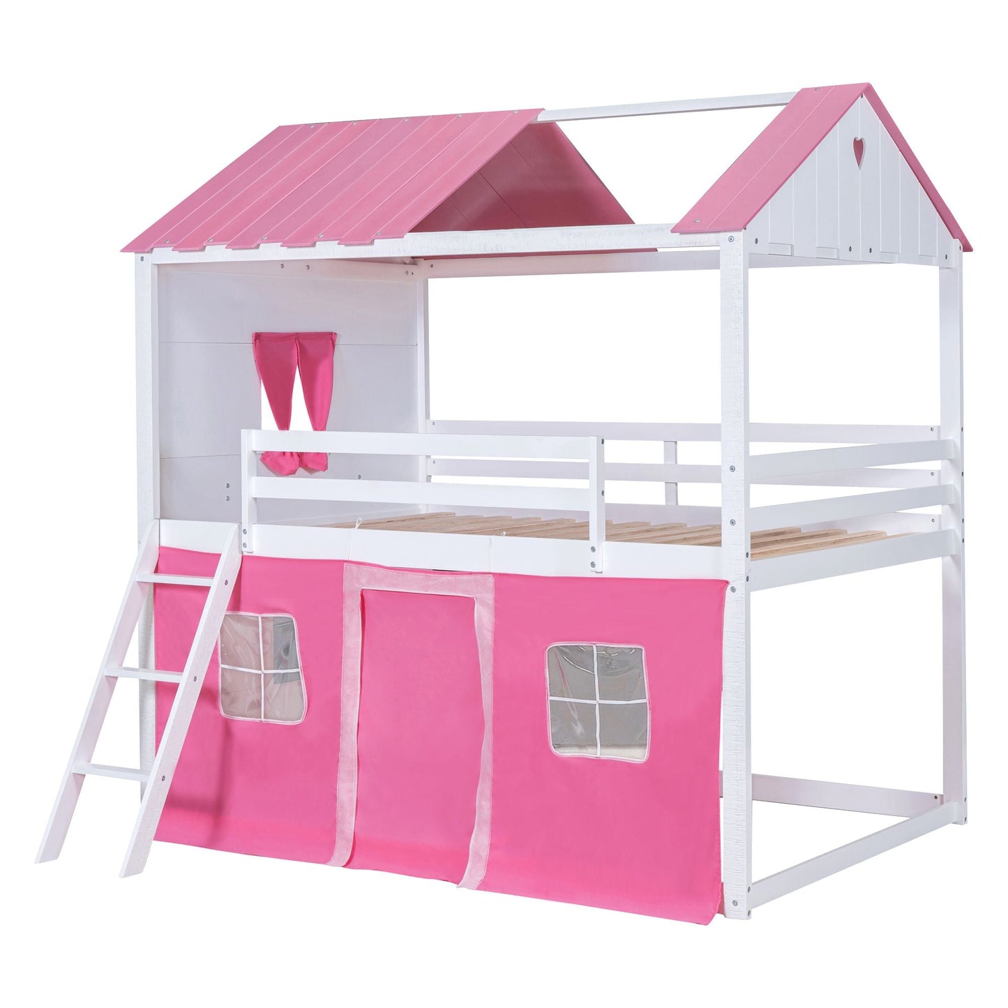 House-Style Full Wood Bunk Bed with Windows, Sills and Tent, Pink and White | Just Better Bunk Beds