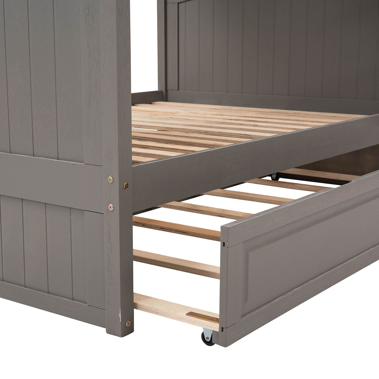 Shared Room Solution Full Over Full Pine Wood Bunk Bed with Twin Trundle and Guardrails, Brushed Gray | Just Better Bunk Beds