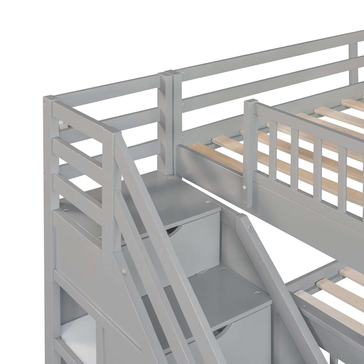 Twin over Full L-Shaped Bunk Bed With 3 Drawers,  Ladder and Staircase - Gray