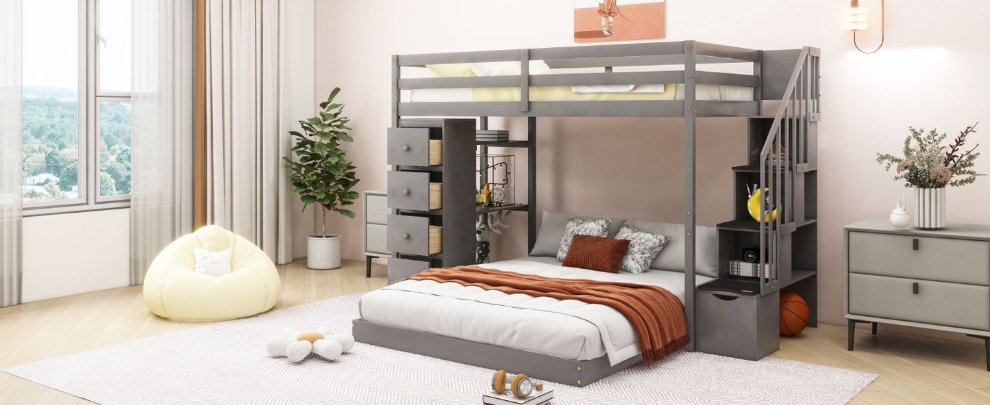 Staircase Storage Twin Over Full Wood Bunk Bed with Shelves and Drawers, Gray | Just Better Bunk Beds