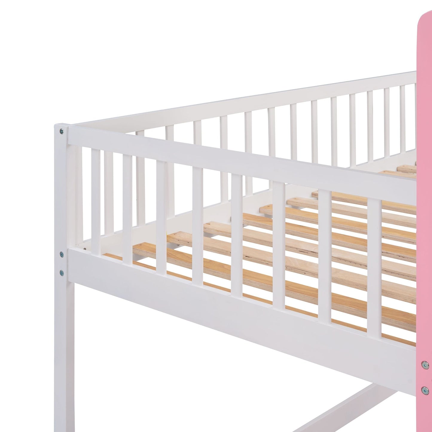 House-Style Twin Over Twin Wood Castle Bunk Bed with Ladder, Pink | Just Better Bunk Beds