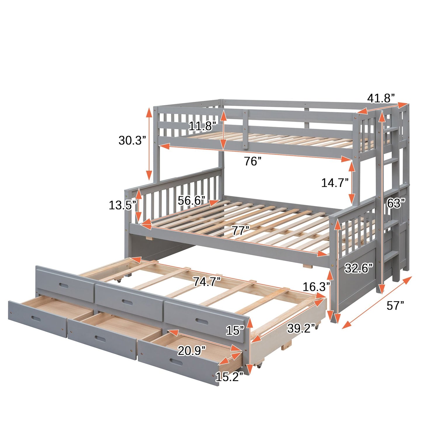 Space-Saving Twin Over Full Wood Bunk Bed with Twin Trundle and Drawers, Gray | Just Better Bunk Beds