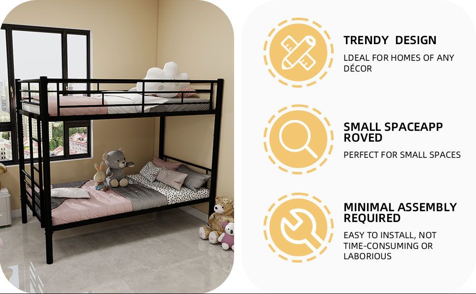 Shared Room Solution Twin Over Twin Metal Bunk Bed with Ladder and Guardrail, Convertible, Metal | Just Better Bunk Beds