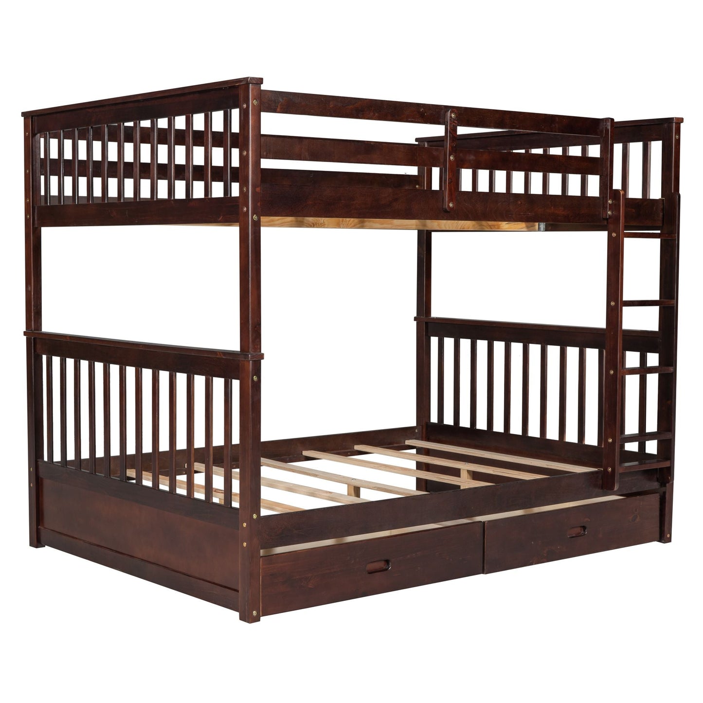 Storage-Enhanced Full Over Full Wood Bunk Bed with Ladders, Two Drawers, White | Just Better Bunk Beds