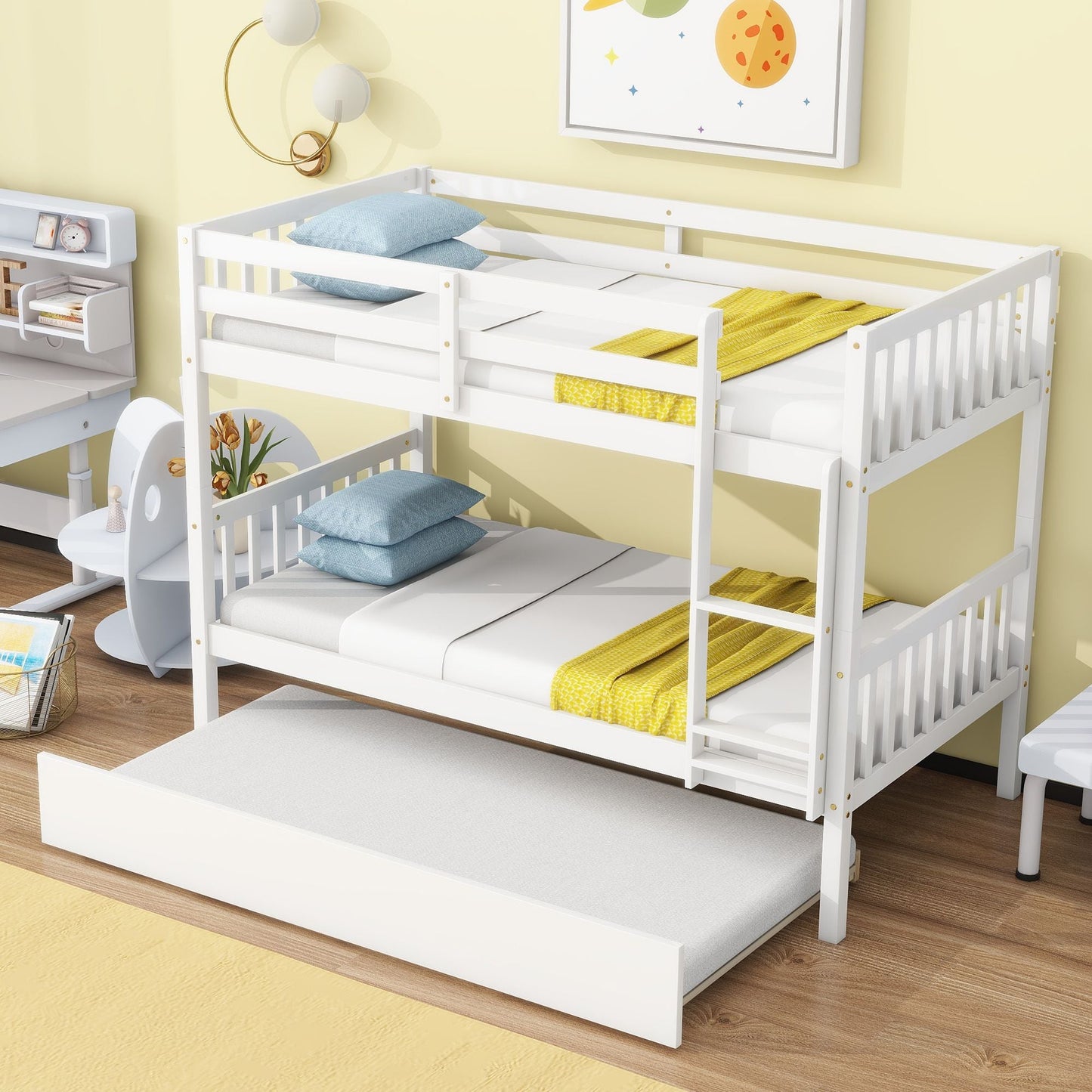 Convertible Twin Over Twin Rubber Wood Bunk Bed with Trundle, Ladder, and Safety Guardrails, White | Just Better Bunk Beds