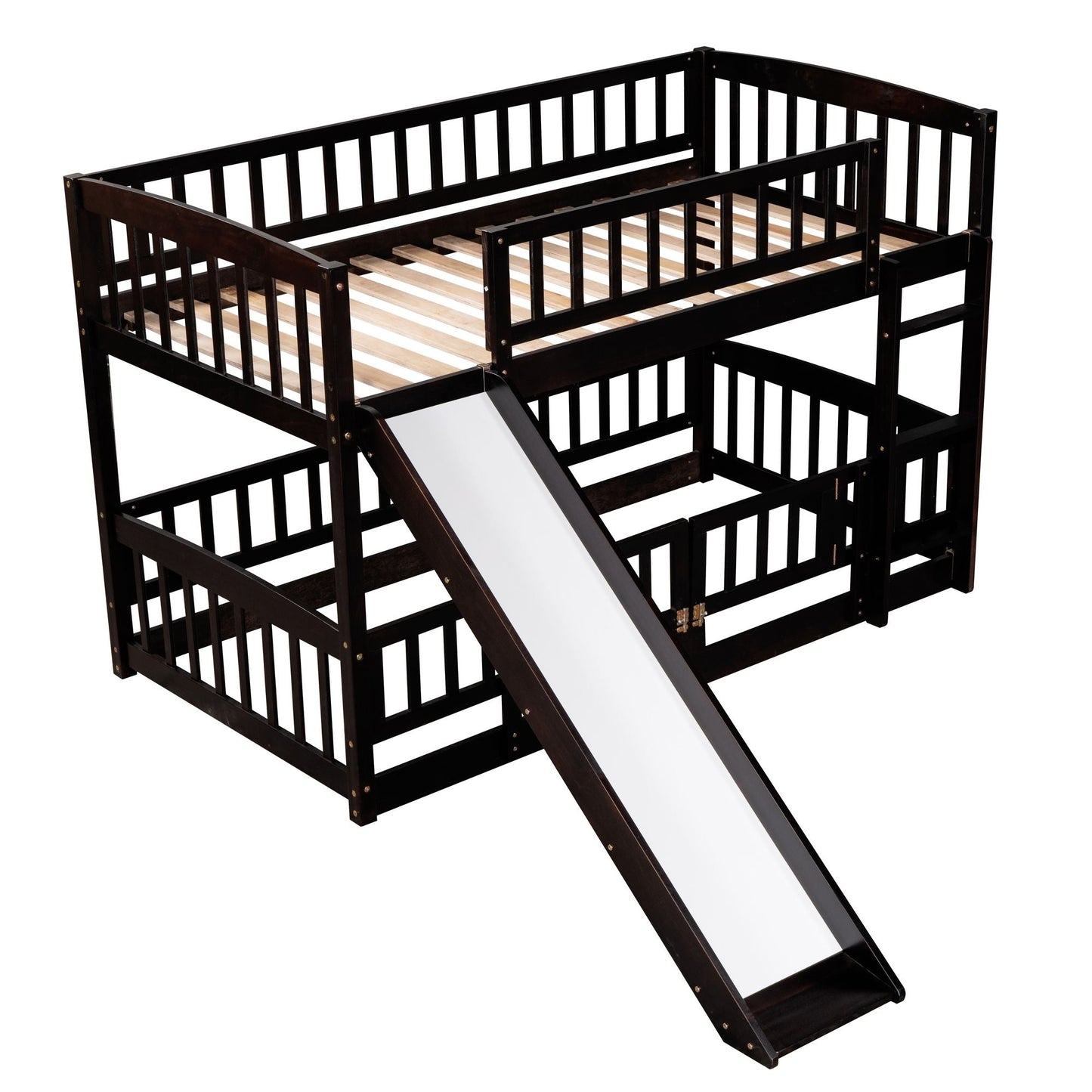 Kids Bedroom Twin Over Twin Wood Low Bunk Bed with Slide, Fence and Ladder, White | Just Better Bunk Beds