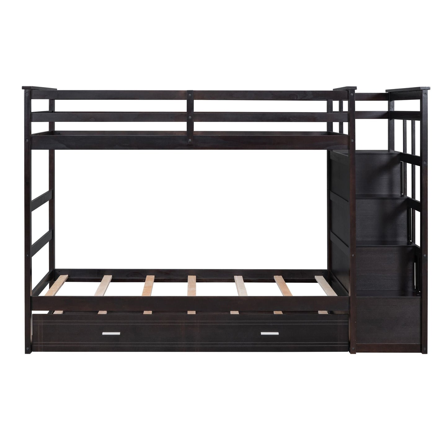 Shared Room Solution Twin Over Twin Wood Bunk Bed with Trundle and Staircase, Espresso | Just Better Bunk Beds