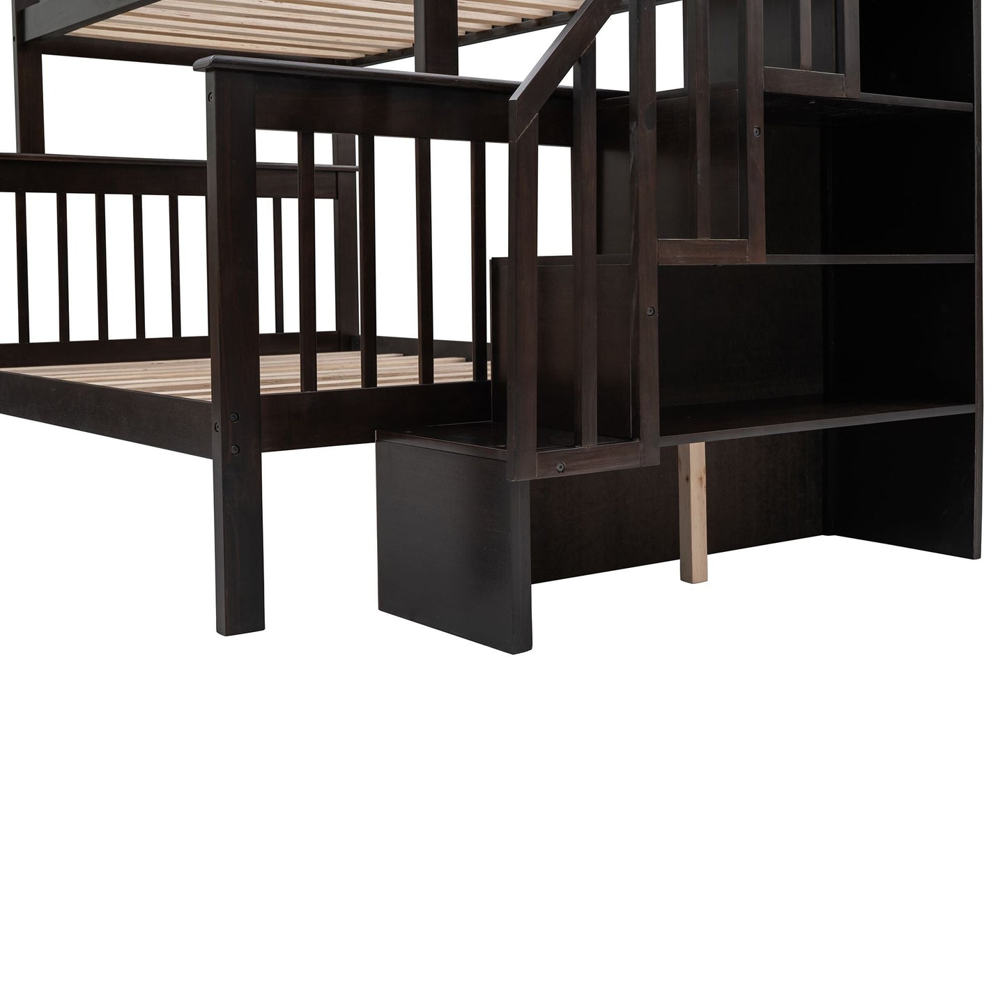 Staircase Storage Twin Over Full Wood Bunk Bed with Drawer, Storage, and Guard Rail, Espresso | Just Better Bunk Beds