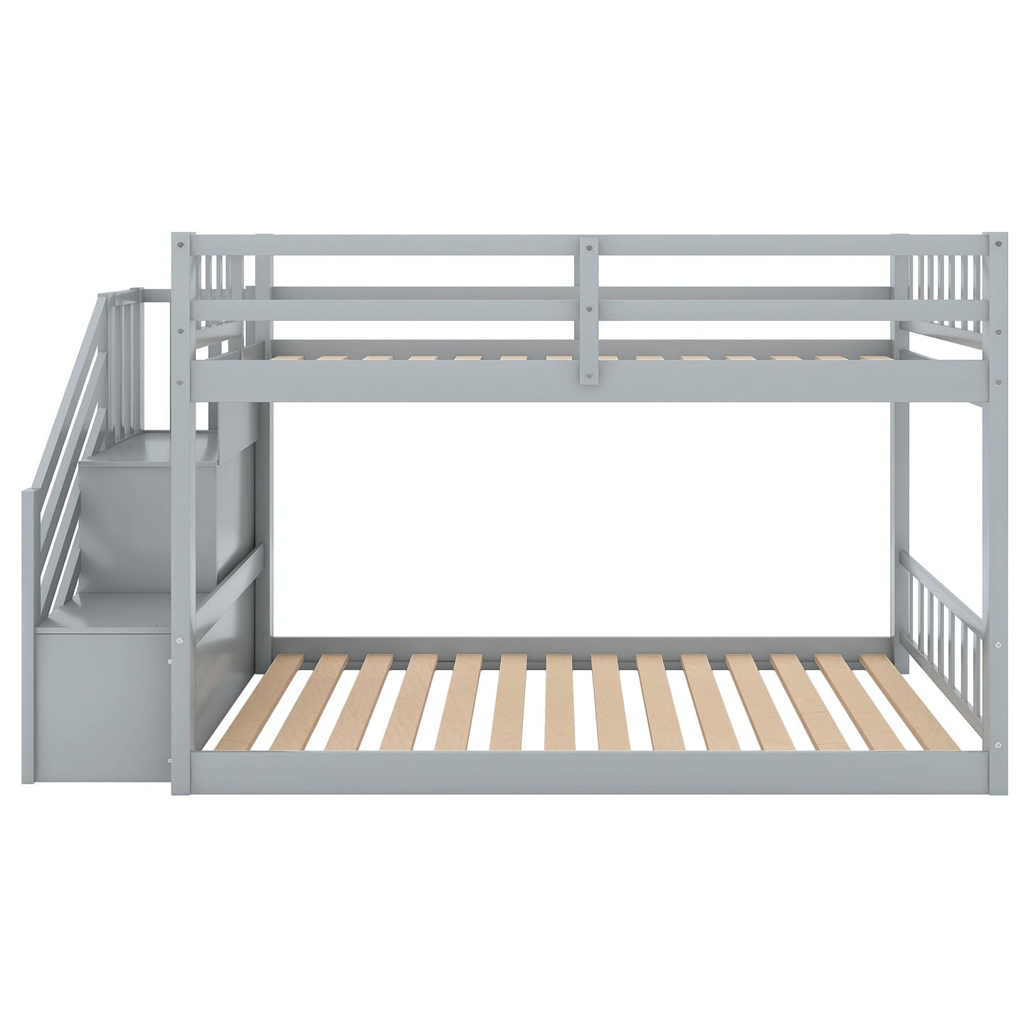Floor-Level Twin Over Twin Wood Bunk Bed with Ladder and Storage, White | Just Better Bunk Beds