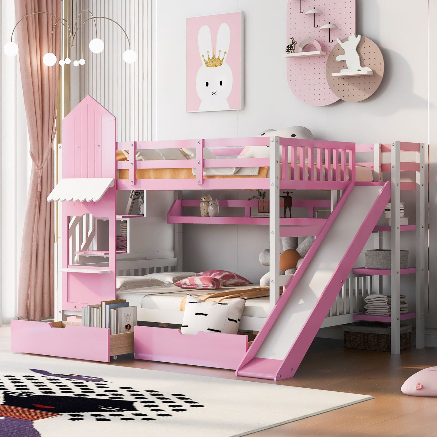 House-Style Full Over Full Wood Castle Bunk Bed with Drawers, Shelves, and Slide, Pink | Just Better Bunk Beds
