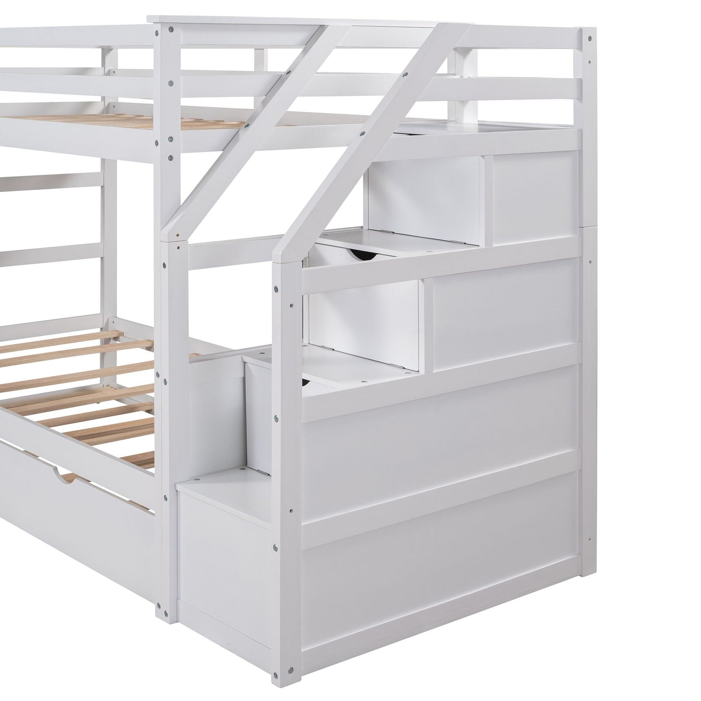Twin-Over-Twin Bunk Bed with Twin Size Trundle and 3 Storage Stairs White