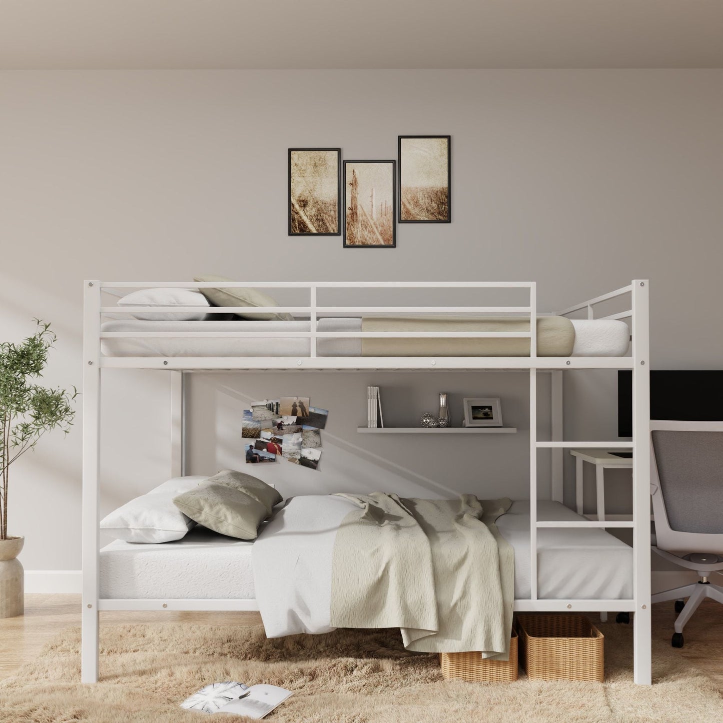 Heavy-Duty Full Over Full Metal Bunk Bed with Built-In Ladder and Safety Guard Rail, White | Just Better Bunk Beds