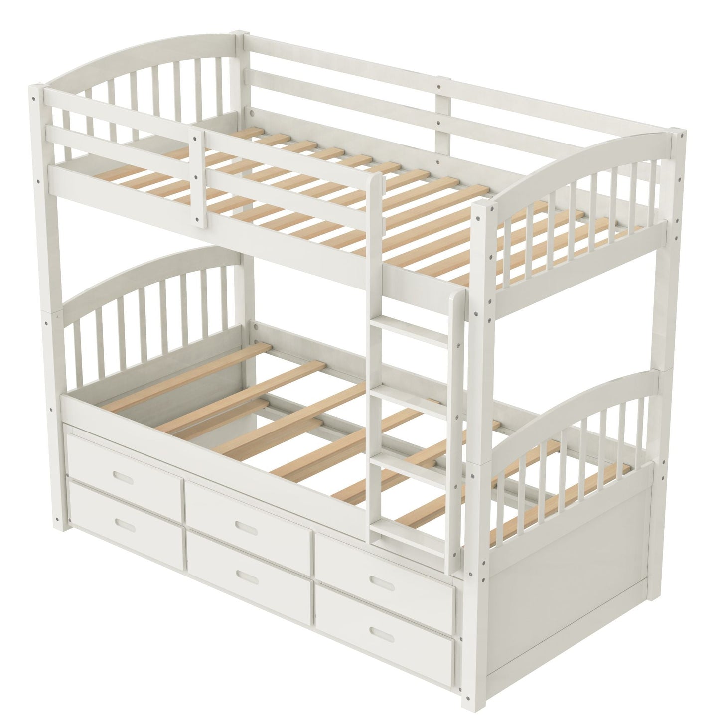 Space-Saving Twin Over Twin Wood Bunk Bed, White with Trundle and Drawers | Just Better Bunk Beds