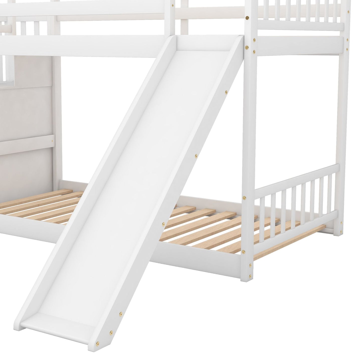 Convertible Twin Over Twin Wood Bunk Bed with Slide and Stairway, White | Just Better Bunk Beds