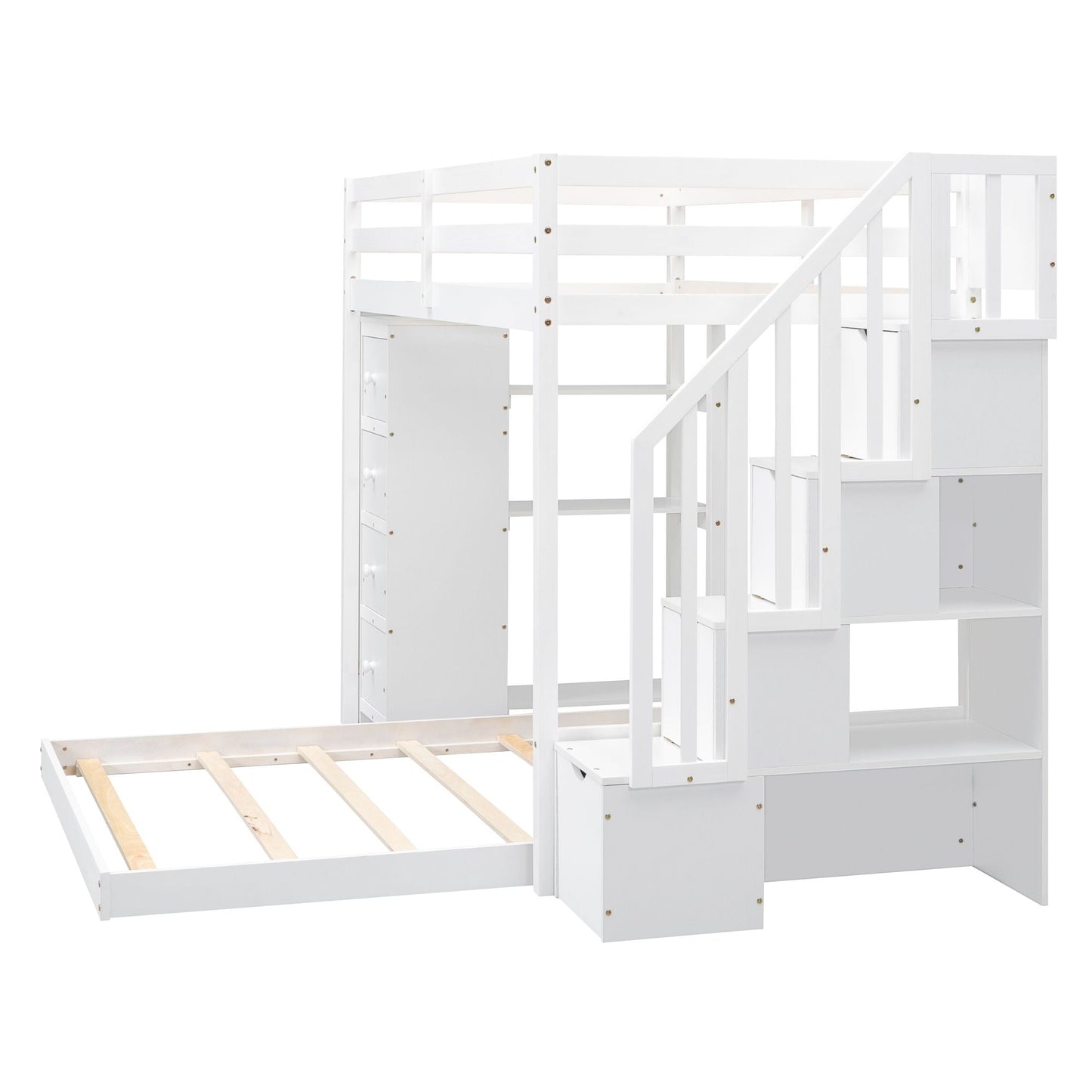 Storage Staircase Twin Over Full Wood Bunk Bed with 3-Layer Shelves and Drawers, White | Just Better Bunk Beds