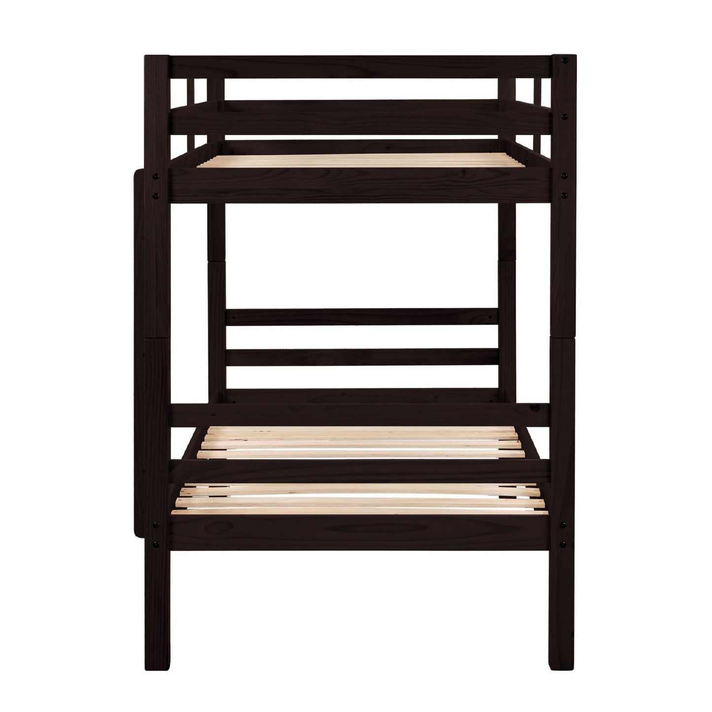 Heavy-Duty Twin Over Twin Wood Bunk Bed, Espresso with Thick Posts, Ladder, and High Guardrail | Just Better Bunk Beds