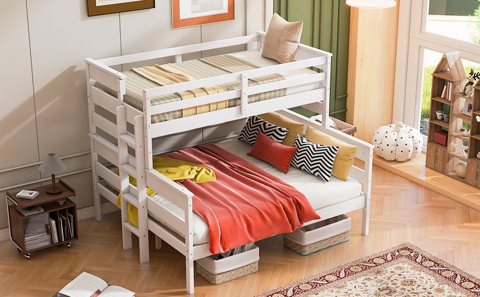 Shared Room Solution Twin XL Over Queen Wood Bunk Bed with Ladder, White | Just Better Bunk Beds