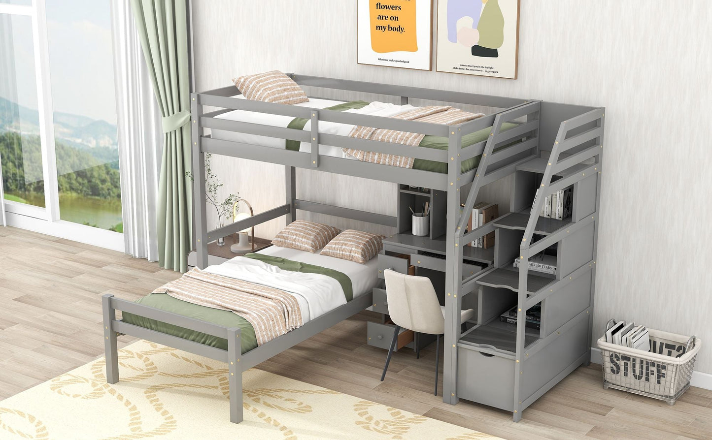 Space-Saving Twin Wood Loft Bed with Stand-Alone Bed, Storage Staircase, Desk, Shelves and Drawers, White | Just Better Bunk Beds