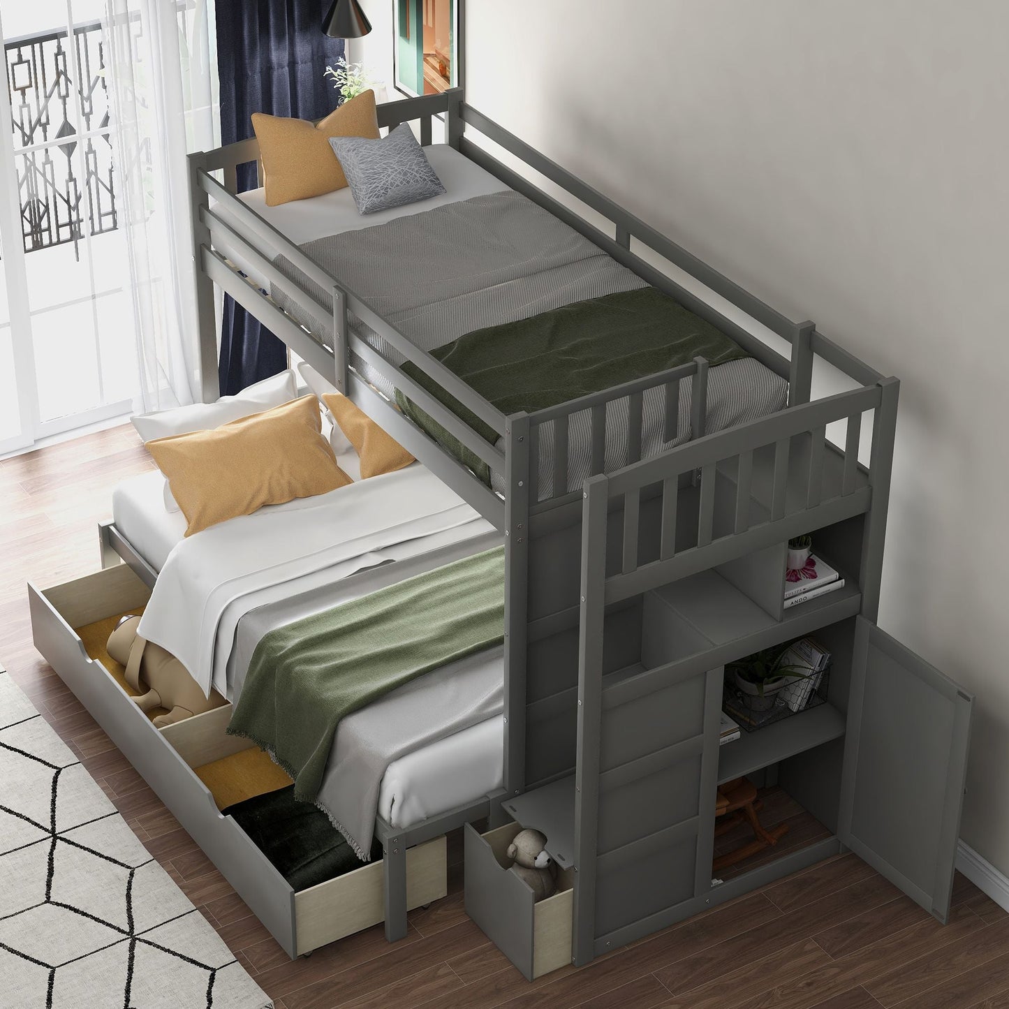 Convertible Twin Over Full/Twin Wood Bunk Bed with Storage Shelves and Drawers, Gray | Just Better Bunk Beds