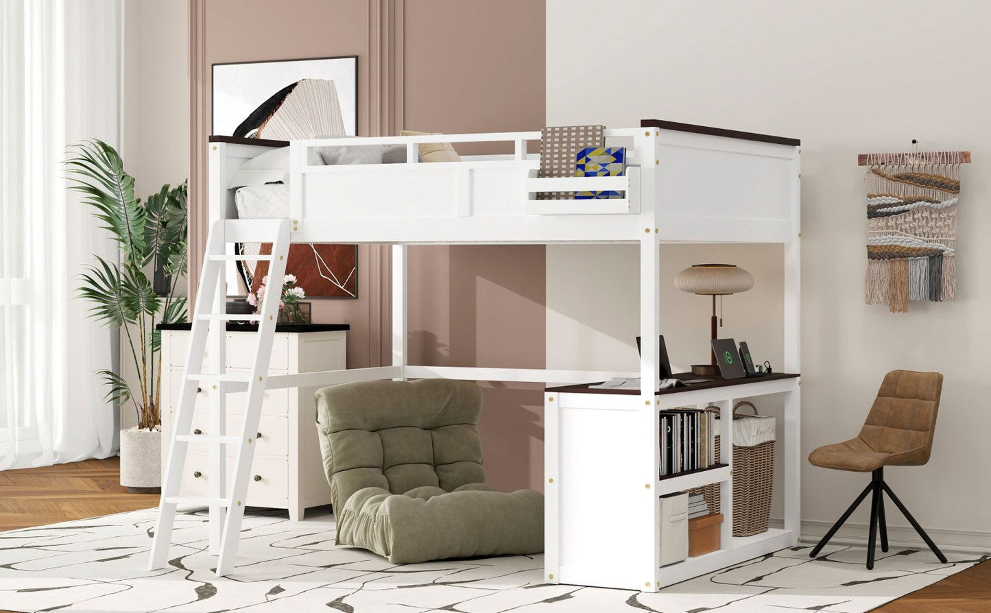 Space-Saving Queen Wood Loft Bed with Desk, Storage & USB Charging Station, White | Just Better Bunk Beds