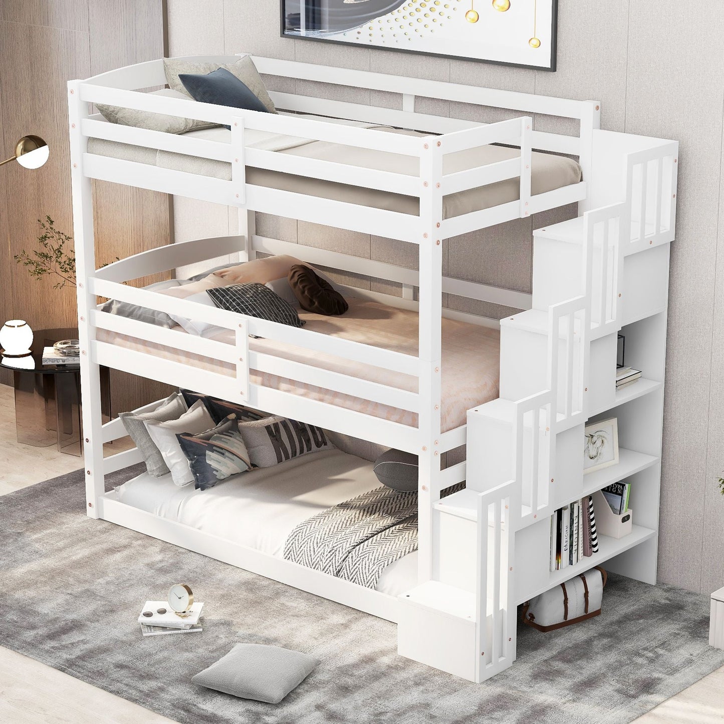 Shared Room Solution Twin Triple Wood Bunk Bed with Storage Staircase, White | Just Better Bunk Beds