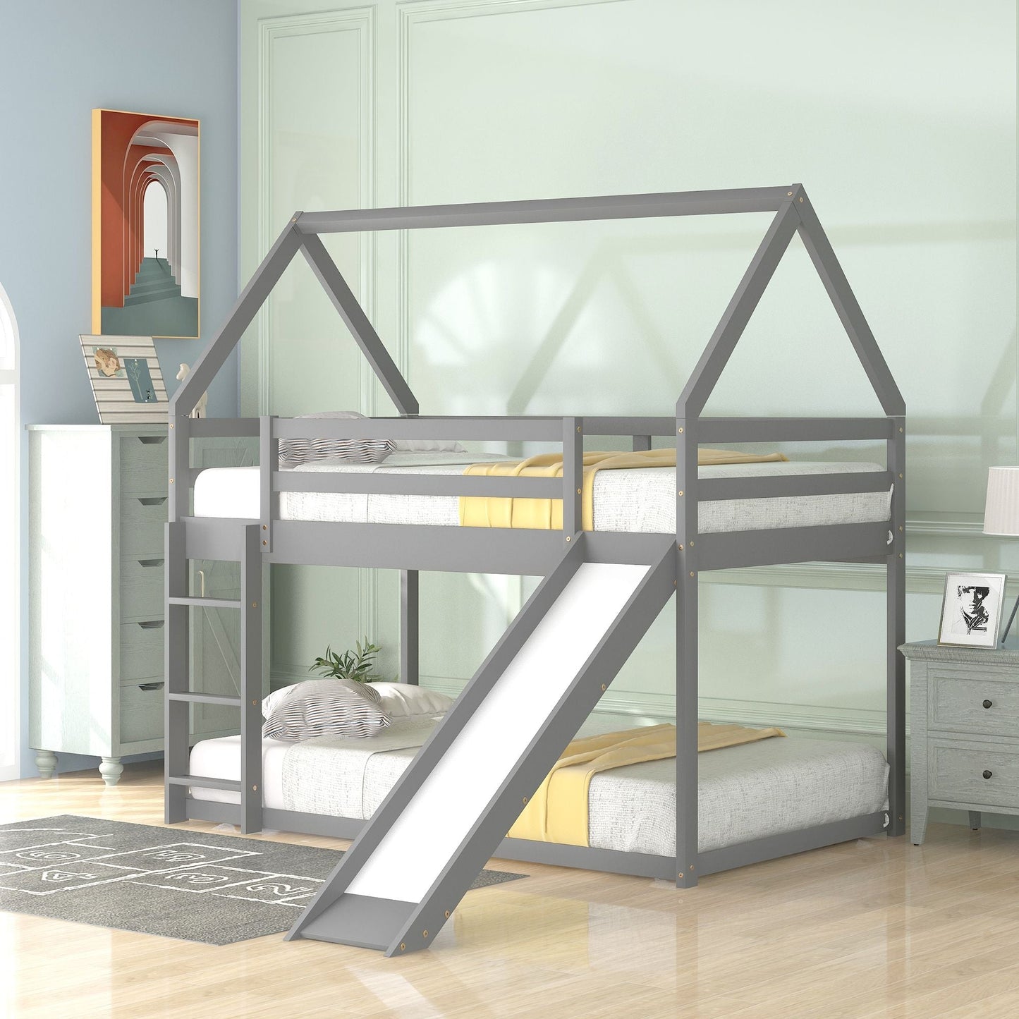 Kids Bedroom Twin Wood House Bunk Bed with Slide and Ladder, Gray | Just Better Bunk Beds