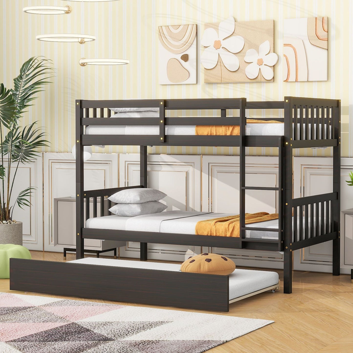 Convertible Twin Over Twin Rubber Wood Bunk Bed with Trundle, Ladder, and Guardrails, Espresso | Just Better Bunk Beds