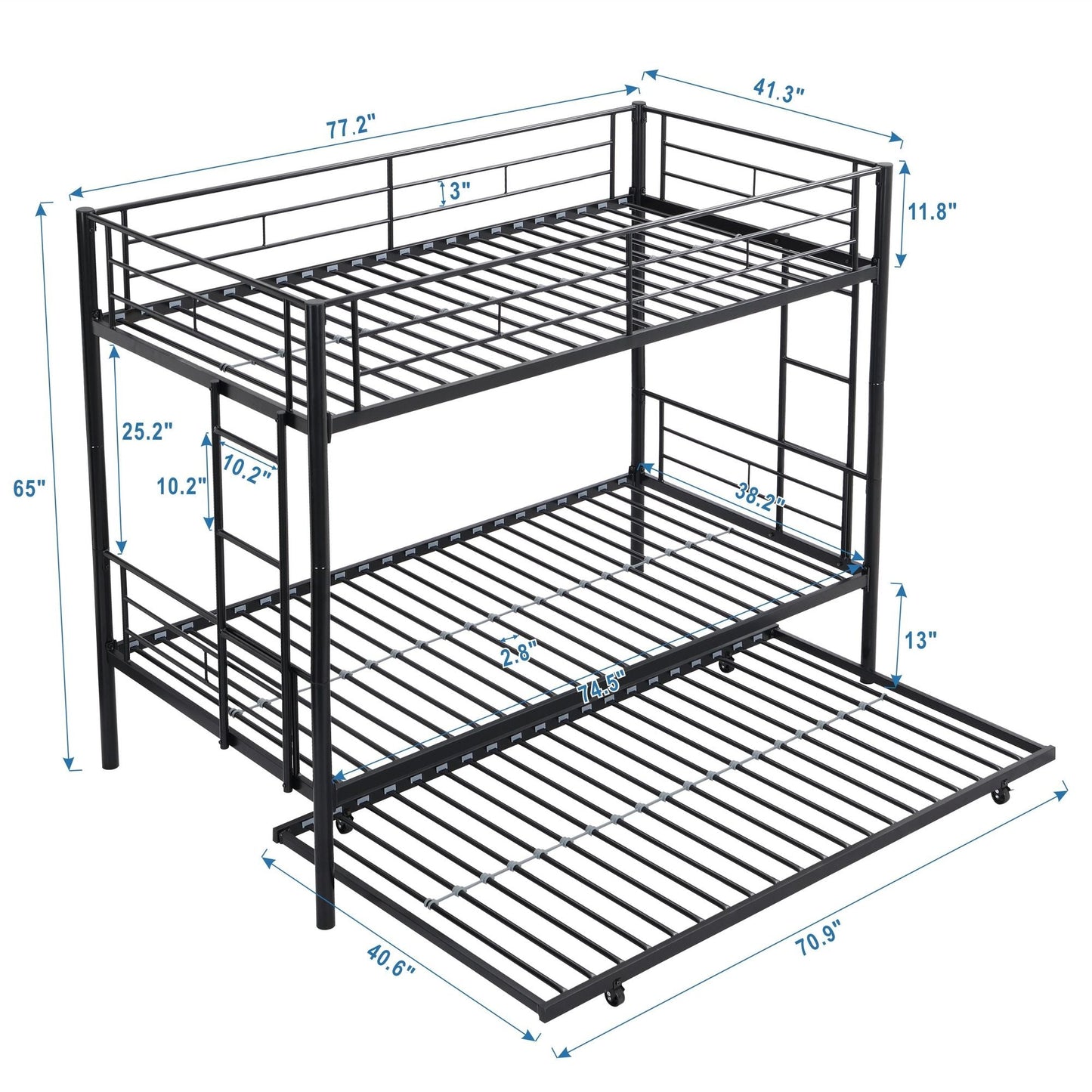 Heavy-Duty Twin Metal Bunk Bed with Trundle and Guard Rail, Multiple Colors | Just Better Bunk Beds