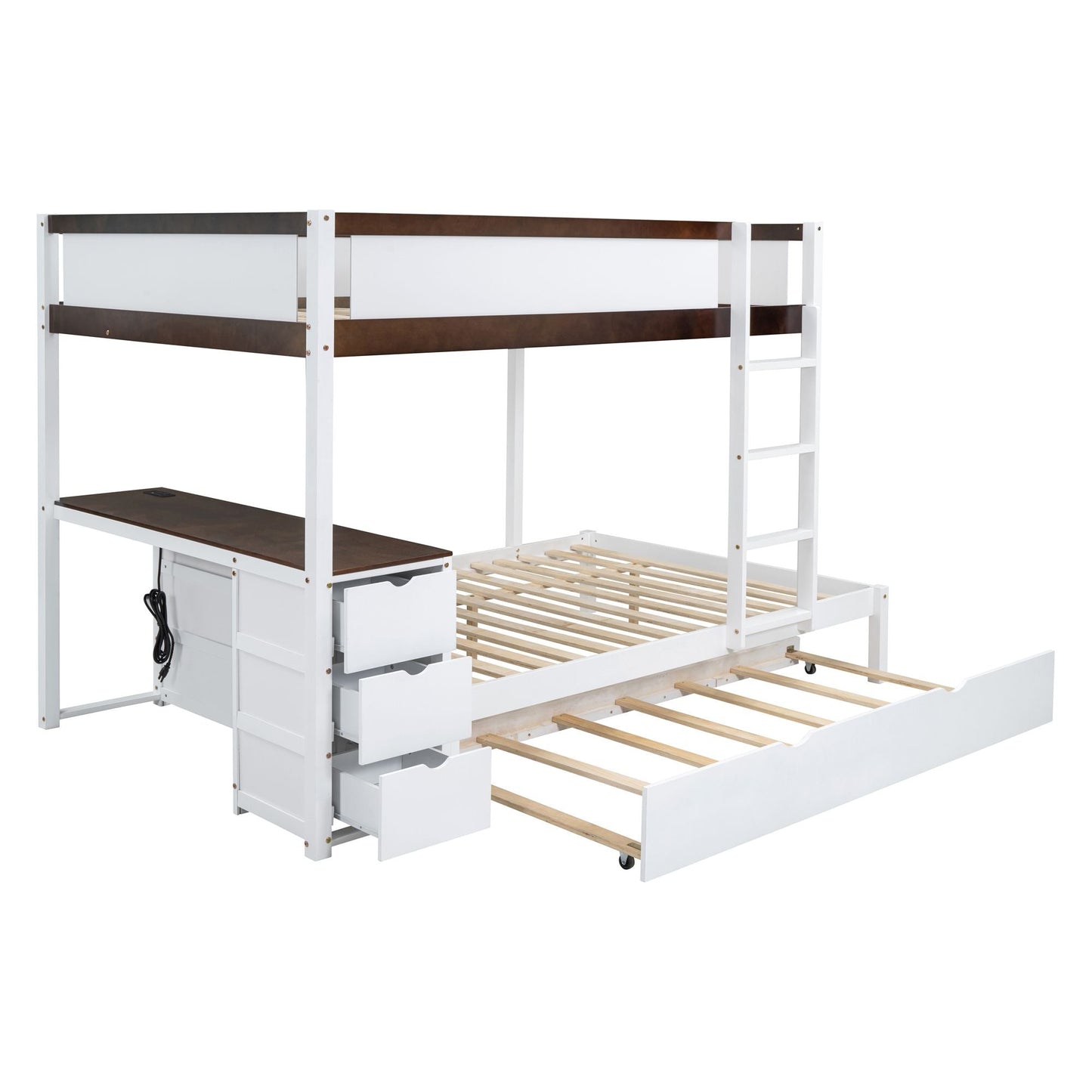 Shared Room Solution Full Over Full Wood Bunk Bed with Twin Trundle, Storage, Desk, White Walnut | Just Better Bunk Beds