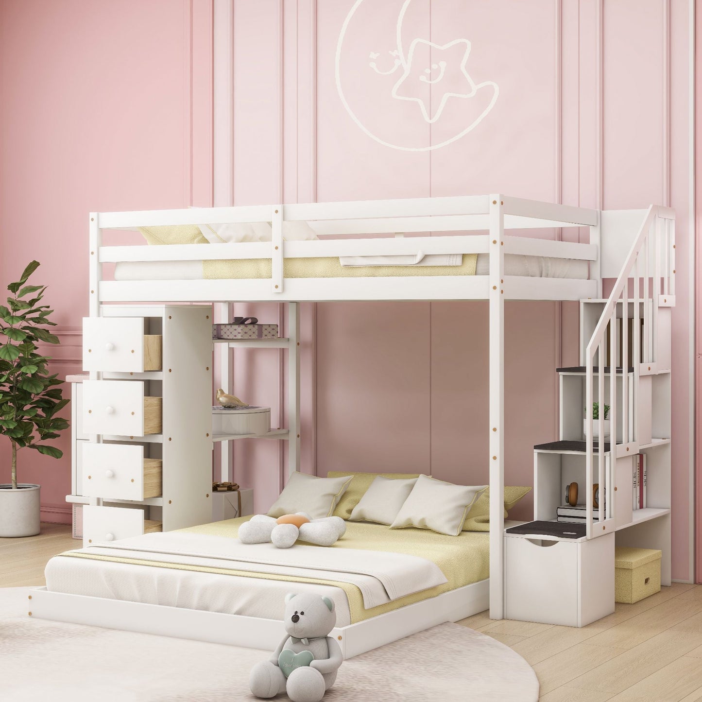 Storage Staircase Twin Over Full Wood Bunk Bed with 3-Layer Shelves and Drawers, White | Just Better Bunk Beds
