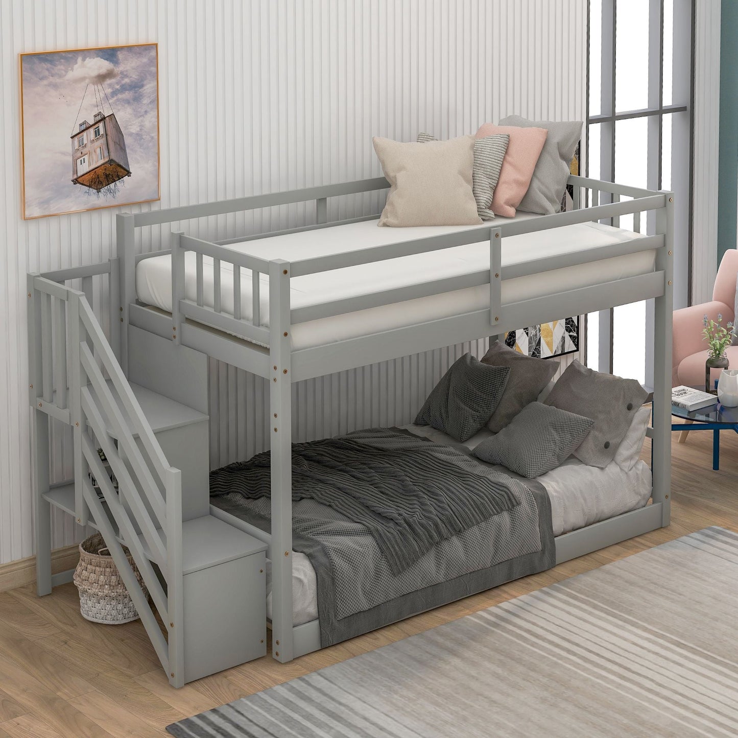 Floor-Level Twin Over Twin Wood Bunk Bed with Ladder and Storage, White | Just Better Bunk Beds