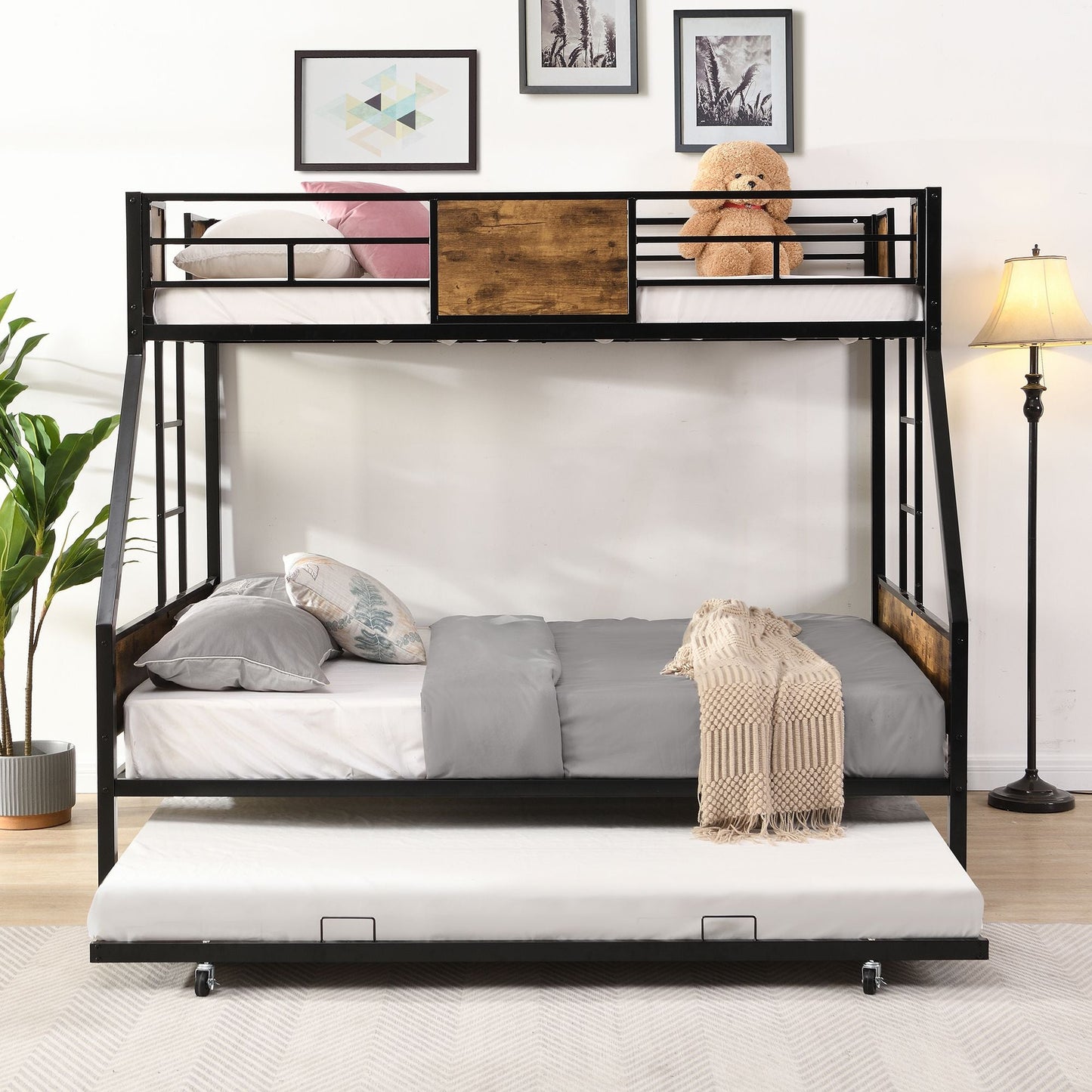 Twin Over FULL Metal Bunk Bed with Trundle 2 - Side Ladder and Full-Length Guardrail,  No Box Spring Needed,  Large Under Bed Storage,  Easy Assemble