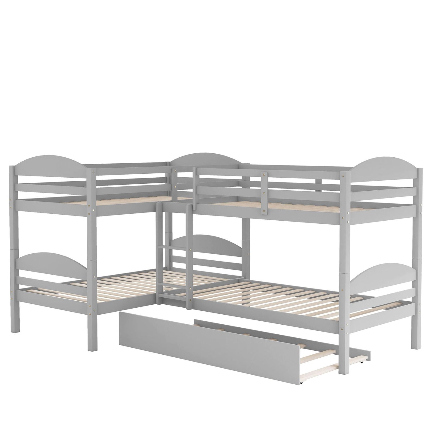 Space-Saving Twin L-Shaped Wood Bunk Bed with Trundle, Gray | Just Better Bunk Beds