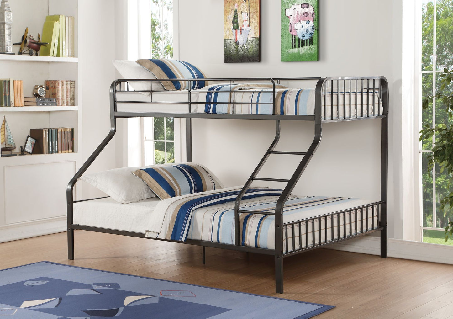 House-Style Twin XL Over Queen Wood Bunk Bed, Gray Gunmetal Finish | Just Better Bunk Beds