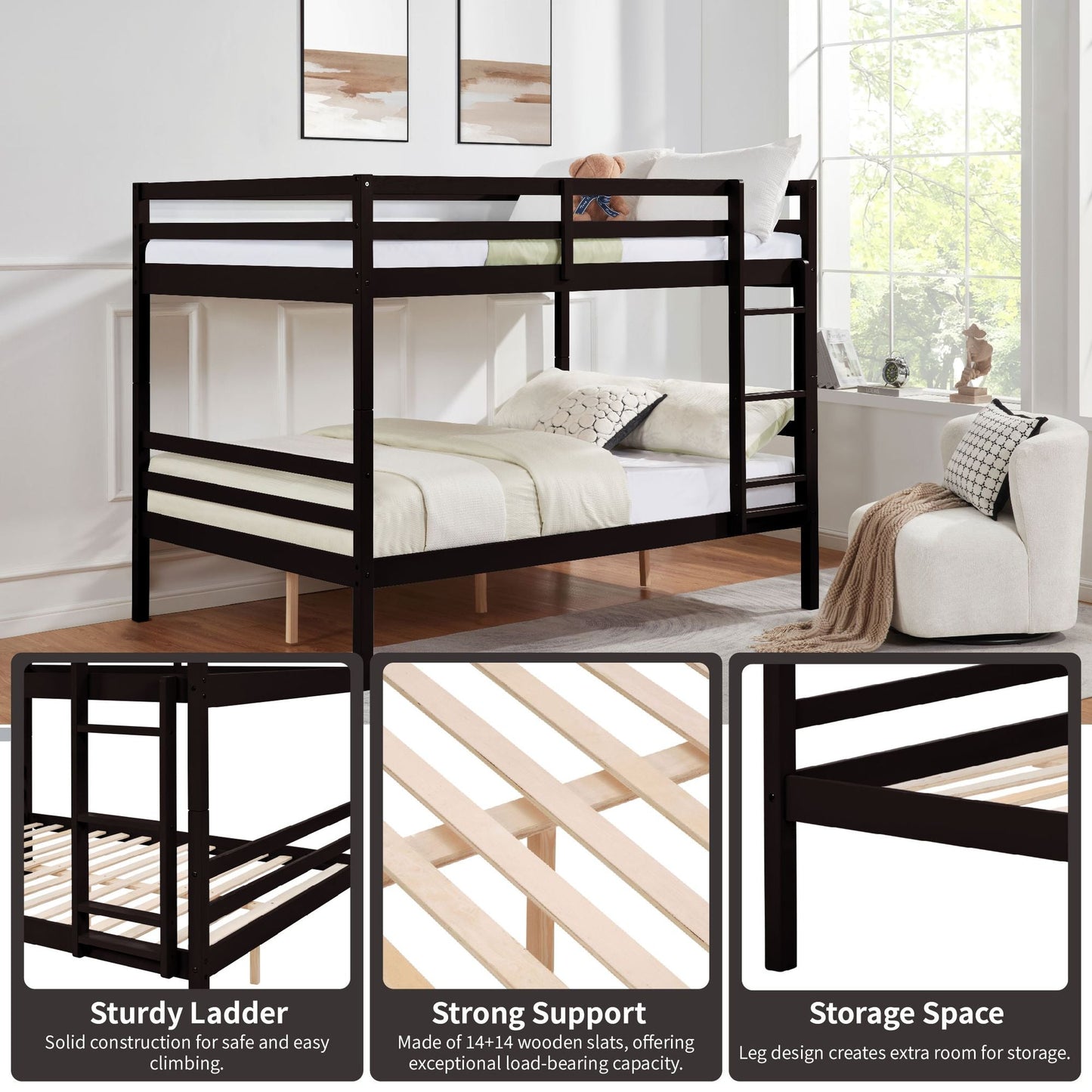 Dorm Room Full Over Full Wood Bunk Bed with Ladder and Guardrail, Espresso | Just Better Bunk Beds