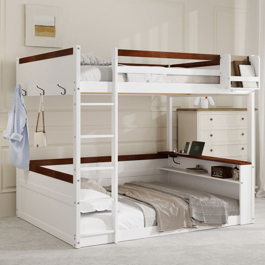 Queen Size Wooden Bunk Bed with Built-in Shelves, Storage Box, LED Light and USB Charging Station, White