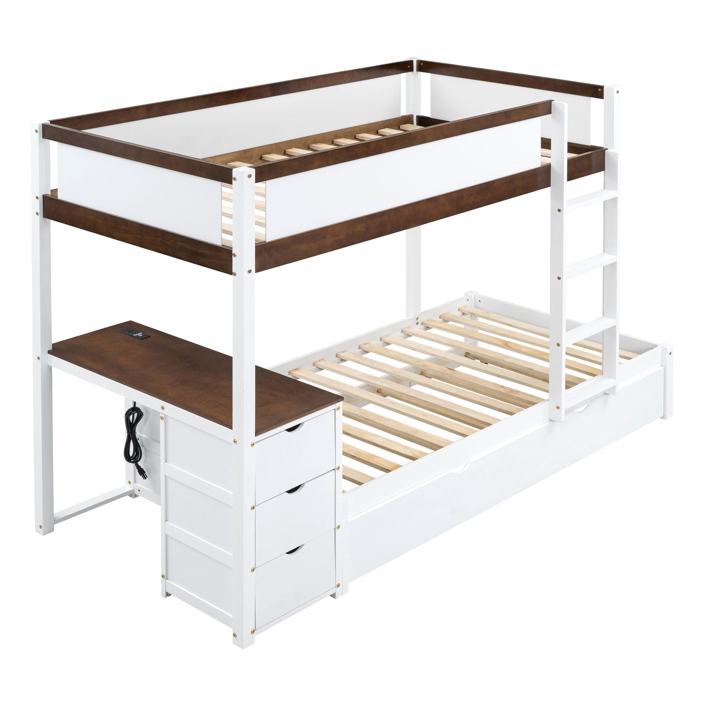Multi-Functional Twin Over Twin Wood Bunk Bed with Trundle, Storage and Desk, White Walnut | Just Better Bunk Beds