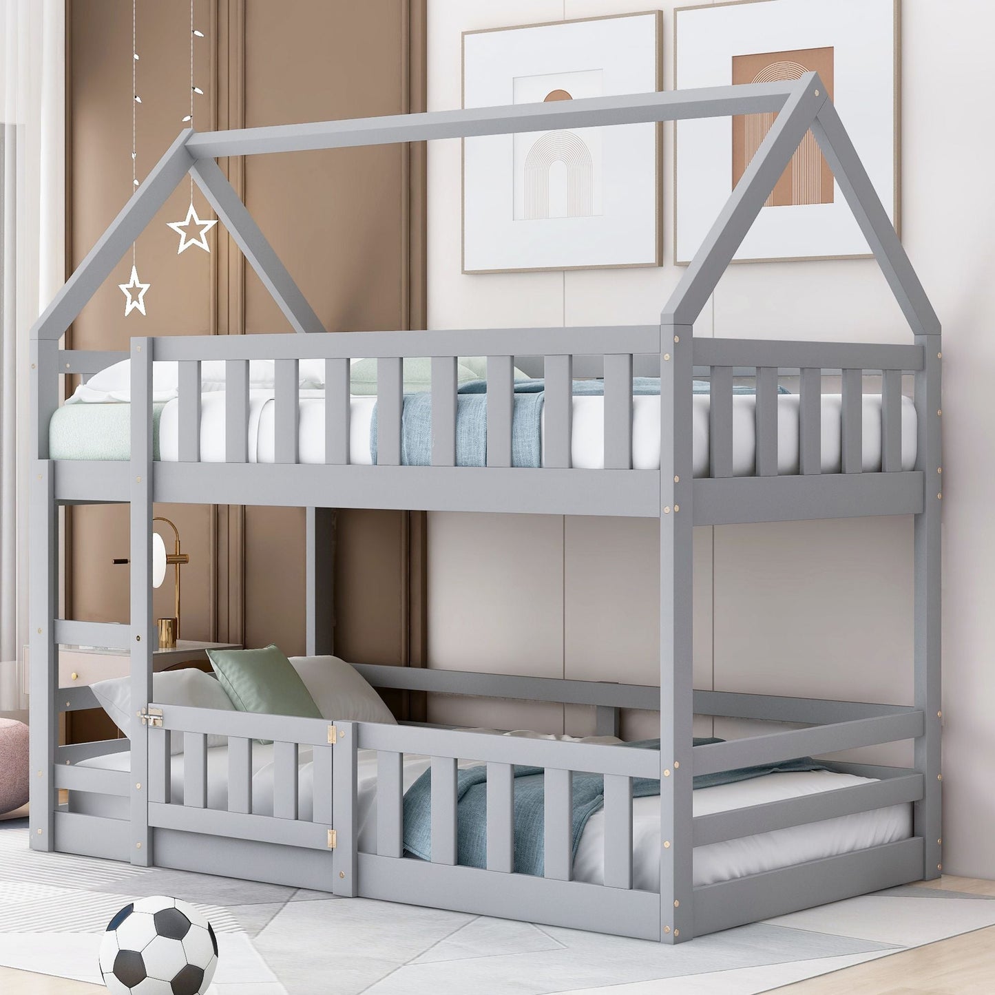 Kids Bedroom Twin Over Twin Wood House Bunk Bed with Fence and Door, Gray | Just Better Bunk Beds