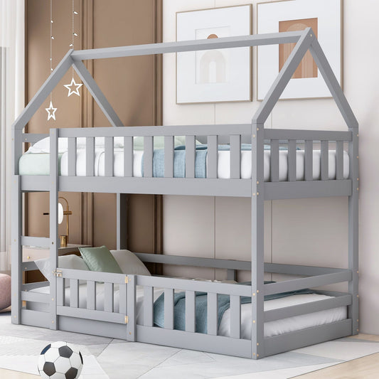 Kids Bedroom Twin Over Twin Wood House Bunk Bed with Fence and Door, Gray | Just Better Bunk Beds